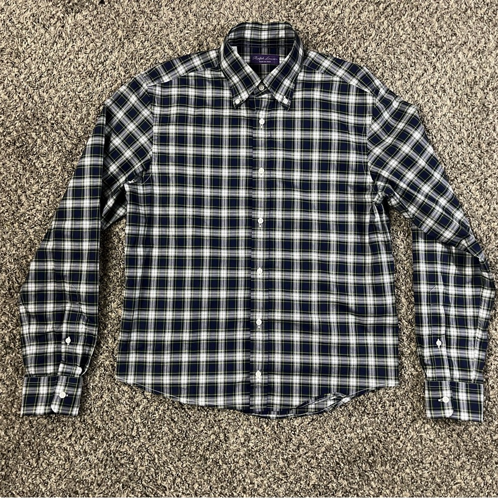 Ralph Lauren PL plaid button down shirt blue green yellow large neck 15.5